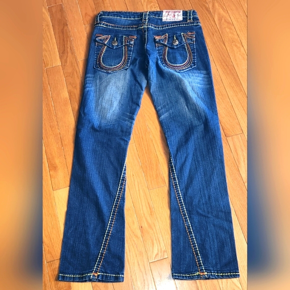 VINTAGE TRUE RELIGION RAINBOW FLAP POCKETS SIZE 28X28 Dark wash johnny - Picture 2 of 16